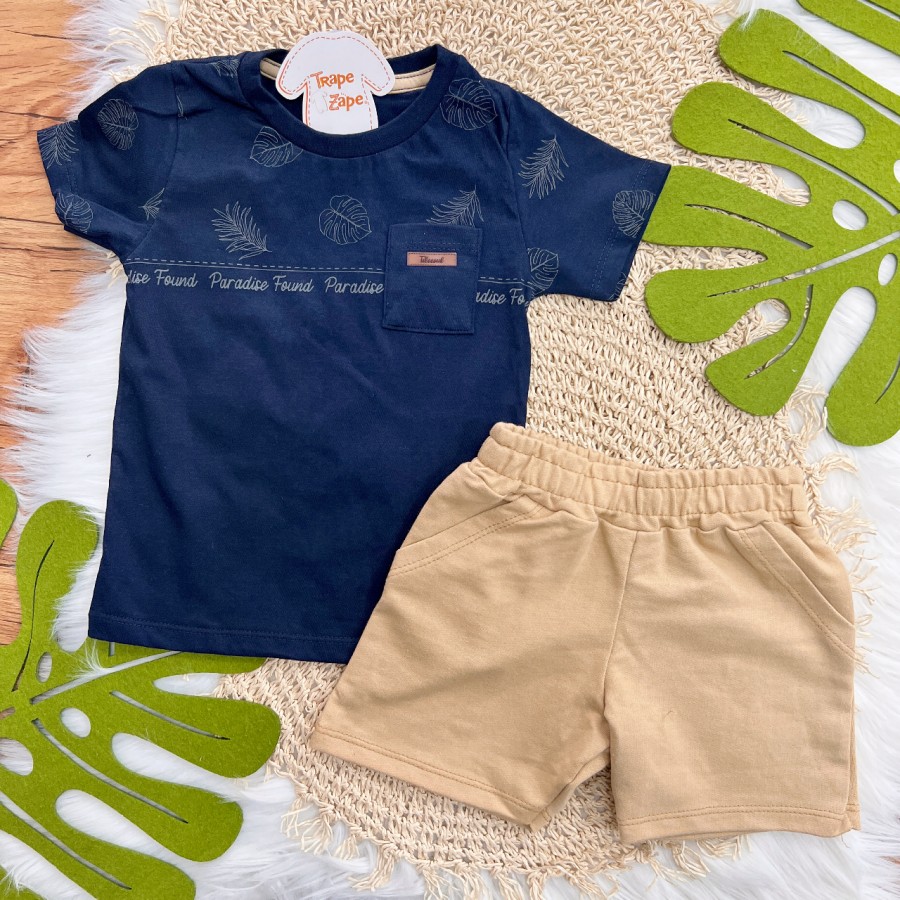 Conj. Camiseta Found Paradise e Bermuda em Moletinho - Marinho e Caramelo